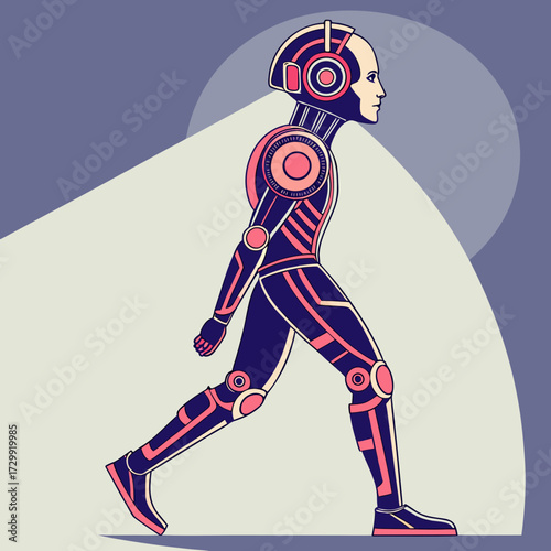 A stylized futuristic robot with a humanoid form depicted in profile walking forward with a determined stride under a spotlight showcasing advanced technology and artificial intelligence