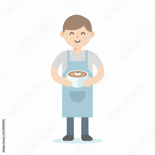Friendly cartoon barista holding a warm coffee cup with beautiful heart latte art, symbolizing excellent service and a cozy cafe experience