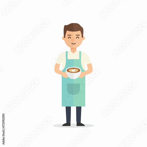 Friendly barista wearing an apron, holding a cup of coffee with latte art in his hands