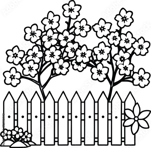 spring blossoms along a garden fence line art on transparent background