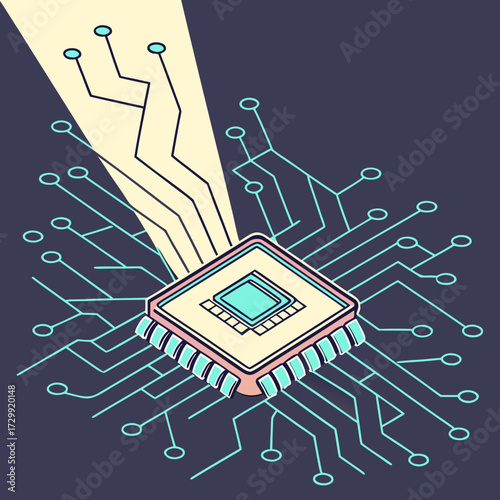 Central processing unit chip with radiating circuit board connections and light beam representing data flow and technological advancement on a dark background
