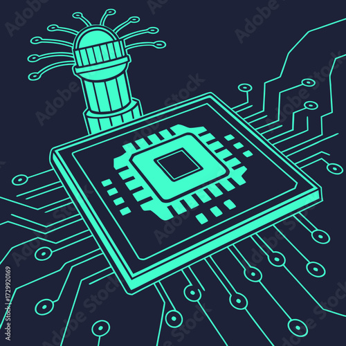 Close up of a glowing turquoise microchip processor on a dark blue circuit board with intricate lines and connections representing technology and data flow