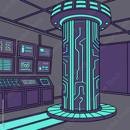 Futuristic control room with glowing circuit board pillar multiple monitors displaying data and a console with buttons and screens evoking a sense of advanced technology and scientific research