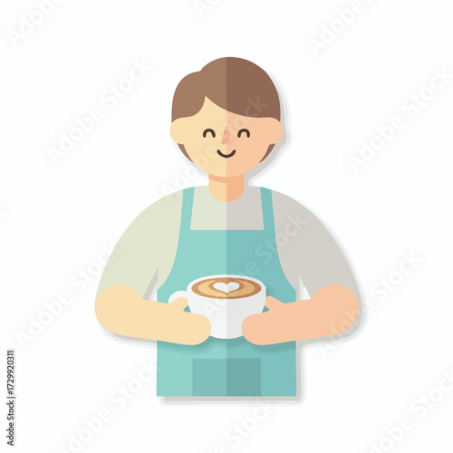 Friendly barista with a heart-shaped latte art, serving a warm and comforting coffee beverage