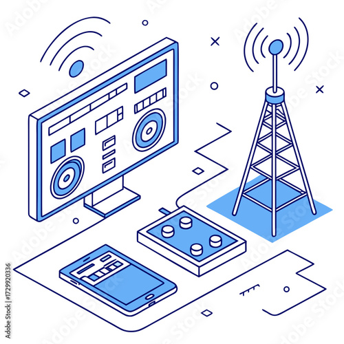 Isometric illustration of a computer monitor displaying a sound system interface connected to a mobile device and a radio tower broadcasting signals wirelessly