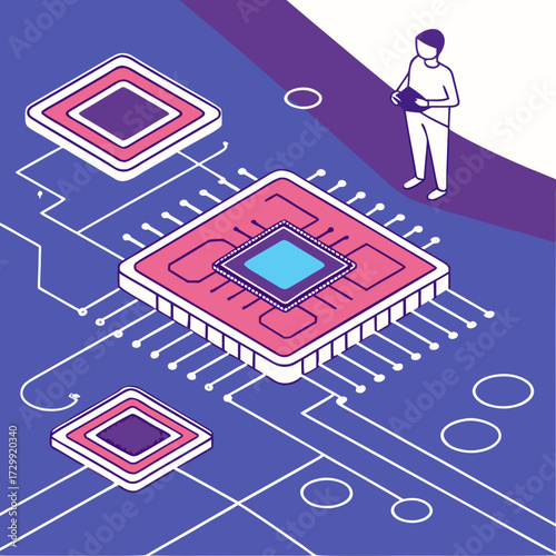 Isometric illustration of a large pink computer processor chip with a blue center on a purple circuit board with a person holding a tablet in the background and two smaller square chips