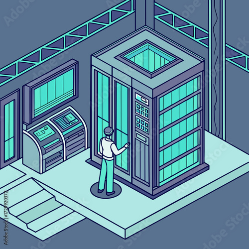 Isometric illustration of a person interacting with a futuristic server rack and control panel in a modern data center environment with glowing screens and industrial architecture