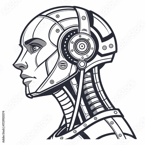 Profile of a futuristic female cyborg head with intricate mechanical details and a human like face representing artificial intelligence and advanced technology in a monochrome style