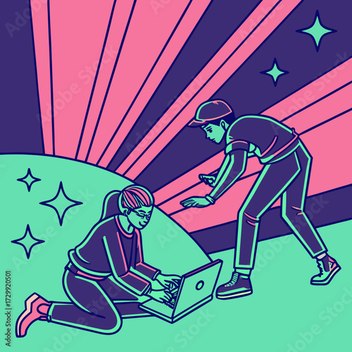 Two young people collaborate on a laptop computer outdoors with a vibrant abstract background and sparkling stars symbolizing innovation and teamwork