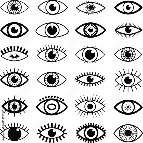 Set of eye icons, hand drawn eye symbols, graphic illustration of eyes with lashes, pupil designs, mystical and abstract style