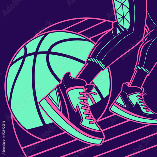 Vibrant illustration of a basketball player s feet wearing stylish sneakers and athletic pants with a large basketball in the background set against a dark purple backdrop with neon pink lines