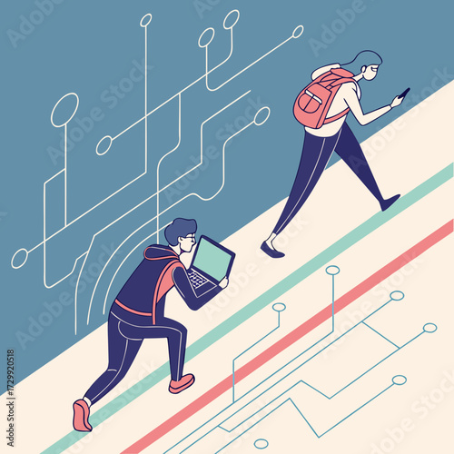 Two young people with backpacks one with a laptop and the other with a smartphone moving forward on a digital circuit board path representing technology and progress