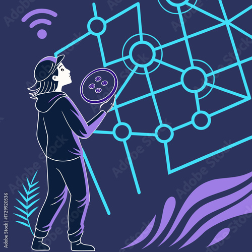 Young person with a cap and hoodie holding a magnifying glass with four circles interacting with a glowing blue network grid symbolizing technology and data connections