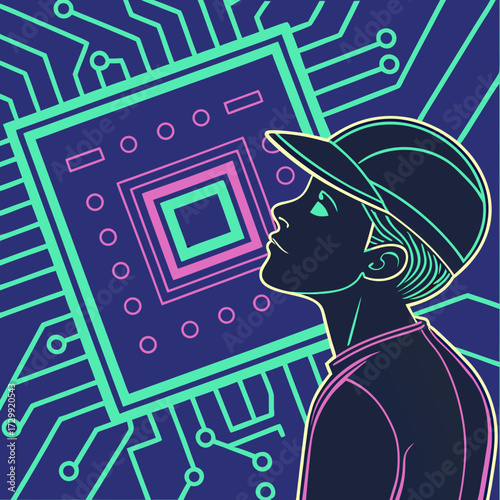 Young person wearing a baseball cap looking up at a stylized digital circuit board with glowing neon lines representing technology and innovation