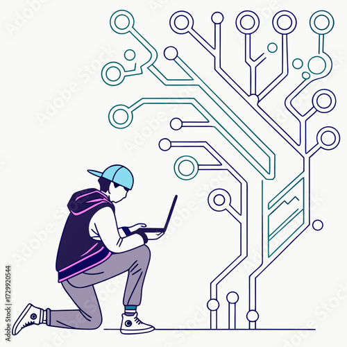 Young person wearing a baseball cap and hoodie kneeling on one knee using a laptop with a stylized digital circuit board graphic in the background representing technology and innovation