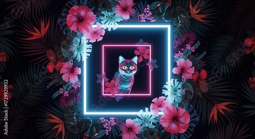 Neon Cat in a Floral Frame A Vibrant Jungle Scene