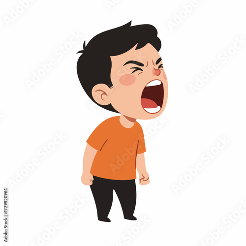 Cartoon Annoyed Little Boy Yelling with Angry Expression Character Illustration