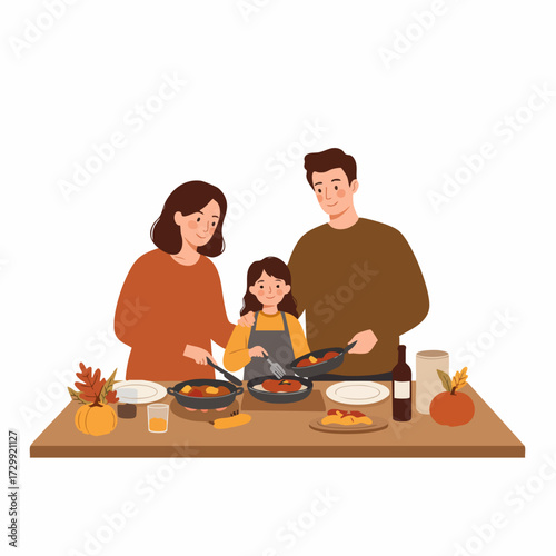 Flat Illustration of Family Cooking Thanksgiving Dinner Together at Home