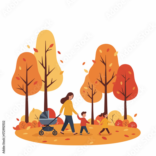Flat Style Family Walking Scene with Autumnal Trees Illustration