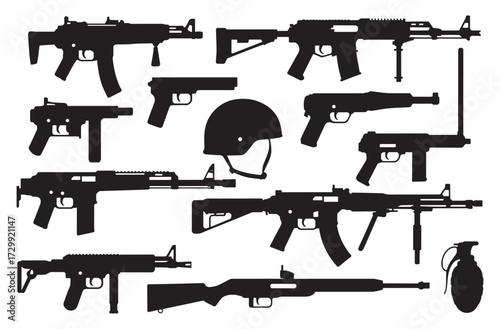 Military Weapon Silhouette Vector Set – Guns, Rifle, Pistol, Grenade, Helmet and Tactical Equipment Illustration vector
