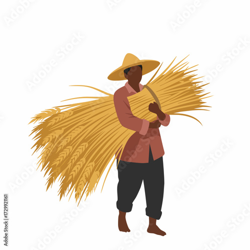 Flat Style Detailed Farmer Carrying Sheaves of Wheat Grain Illustration