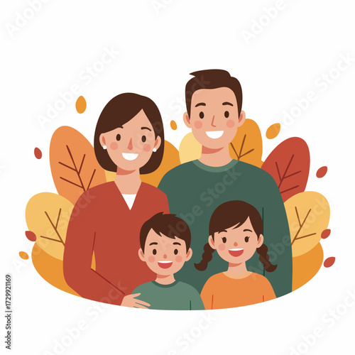 Cartoon Happy Family Portrait Illustration with Autumn Leaves Background