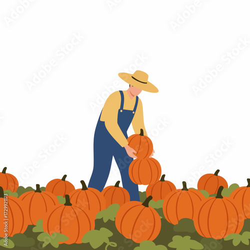 Flat Style Farmer Harvesting Fresh Pumpkin In The Field Illustration