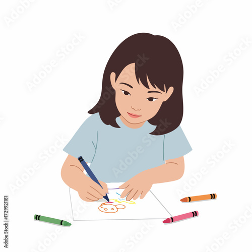 Flat Illustration Young Girl Drawing Doodle on Paper Art Activity