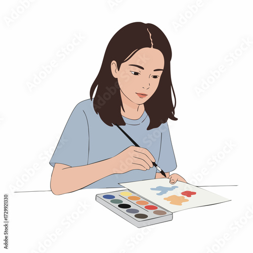Flat Style Young Female Artist Painting with Watercolor Illustration