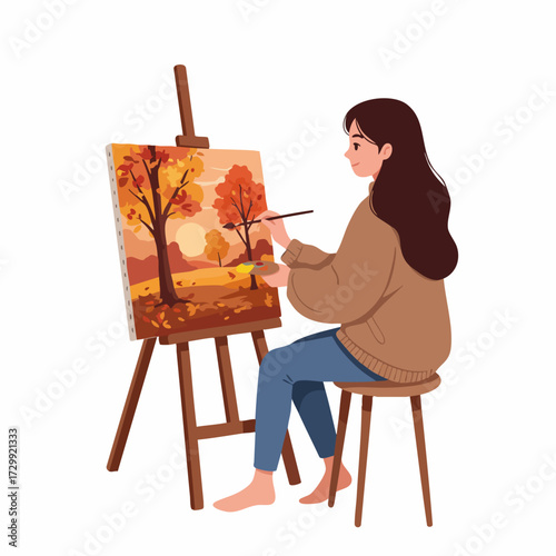 Flat Style Detailed Female Painter Drawing Autumn Scenery Illustration