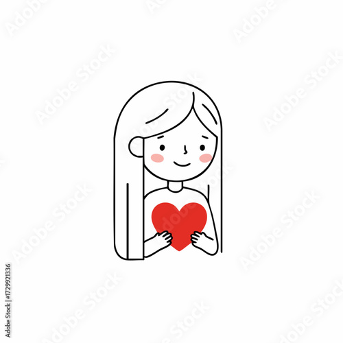 Simple Outline Woman Holding Red Heart Shape Illustration Graphic