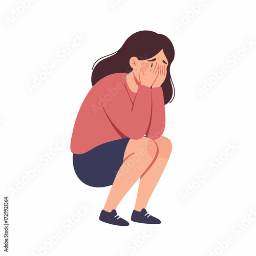Flat Style Sad Woman Crying Sitting Down Expression Illustration