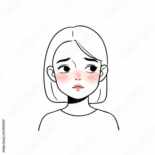 Minimalist Outline Upset Young Woman with Blush Line Art Illustration