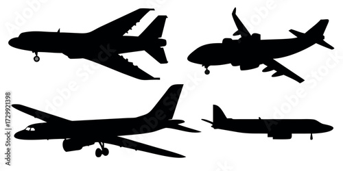 Vector Silhouette Set of Airplanes Passenger Jet Propeller Plane and Cargo Aircraft