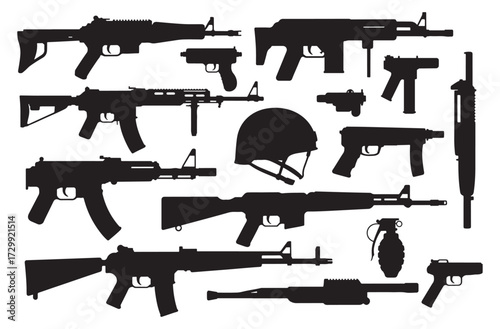 Military Weapon Silhouette Vector Set – Guns, Rifle, Pistol, Grenade, Helmet and Tactical Equipment Illustration vector