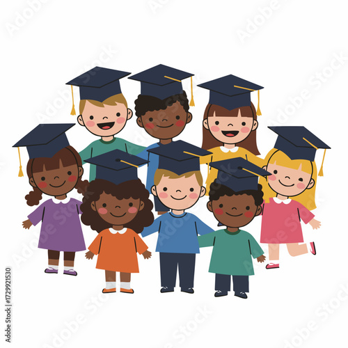 Cartoon Style Diverse Group Graduation Kid Celebration Achievement Illustration