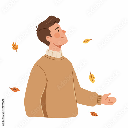Flat Style Cheerful Man Enjoying Autumn Season Falling Leaves Illustration