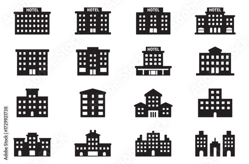 Hotel Building Vector Icons Set Architecture Silhouette Design