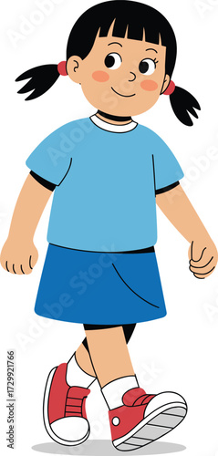 Cartoon vector illustration of a cute little girl walking happily, wearing blue t-shirt, skirt and red shoes, cheerful childhood lifestyle concept