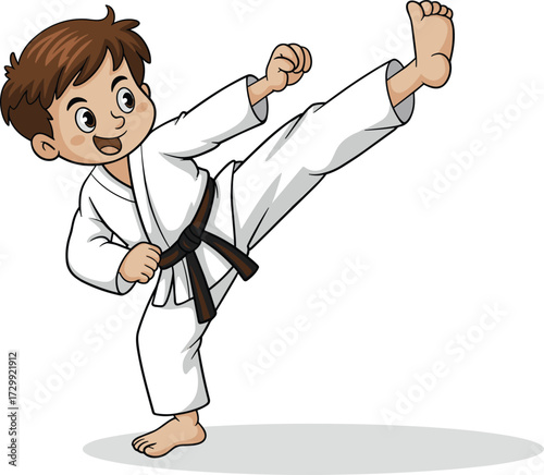 Cartoon vector illustration of young boy practicing karate kick in martial arts uniform with black belt, sports training, self defense, fitness, discipline concept