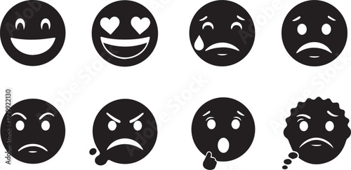 Set of eight expressive smiley faces conveying a range of emotions from joy and love to sadness and anger, in a simple black and white graphic style