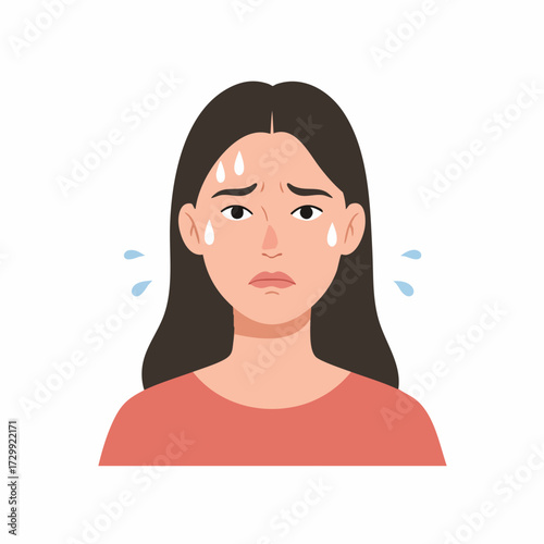 Flat Style Depressed Woman Sweating Emotion and Facial Expression Illustration