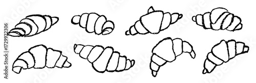 Set of croissants drawn by chalk. Black and white vector sketch of croissant with crayon texture  on white background.