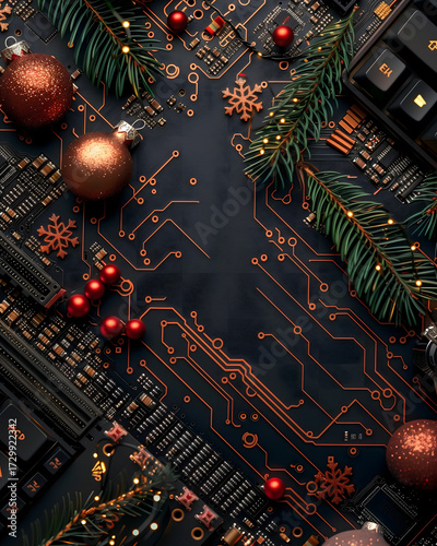 Dark pcb background decorated with festive baubles