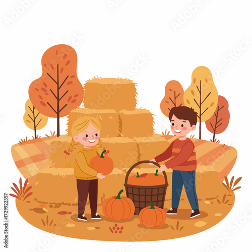Cartoon Flat Illustration Cheerful Children Picking Pumpkins in Autumn Harvest