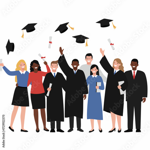 Flat Style Diverse Graduation Celebration Crowd Throwing Caps Ceremony Illustration