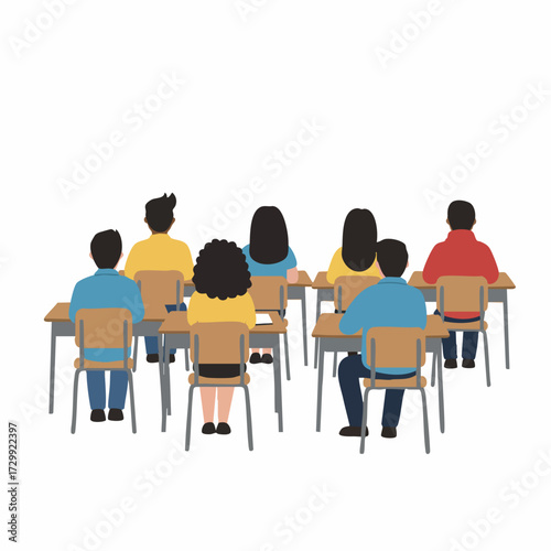 Flat Style Illustration Back View Student in Class Learning Education