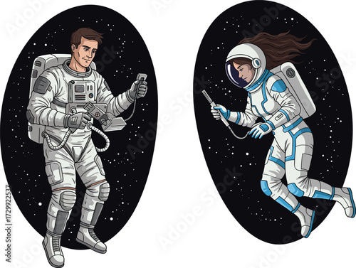Astronauts floating in space, zero gravity exploration, cosmic adventure, technology devices, space suit, female astronaut, male astronaut