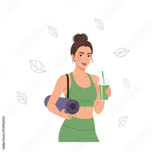 A woman in green sportswear holding a yoga mat and a smoothie, surrounded by floating leaves, conveying a mindful eating practice and healthy lifestyle.