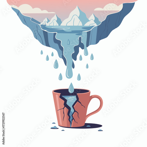 Fragile ecosystem pouring precious resources into a broken vessel, symbolizing environmental crisis and resource depletion